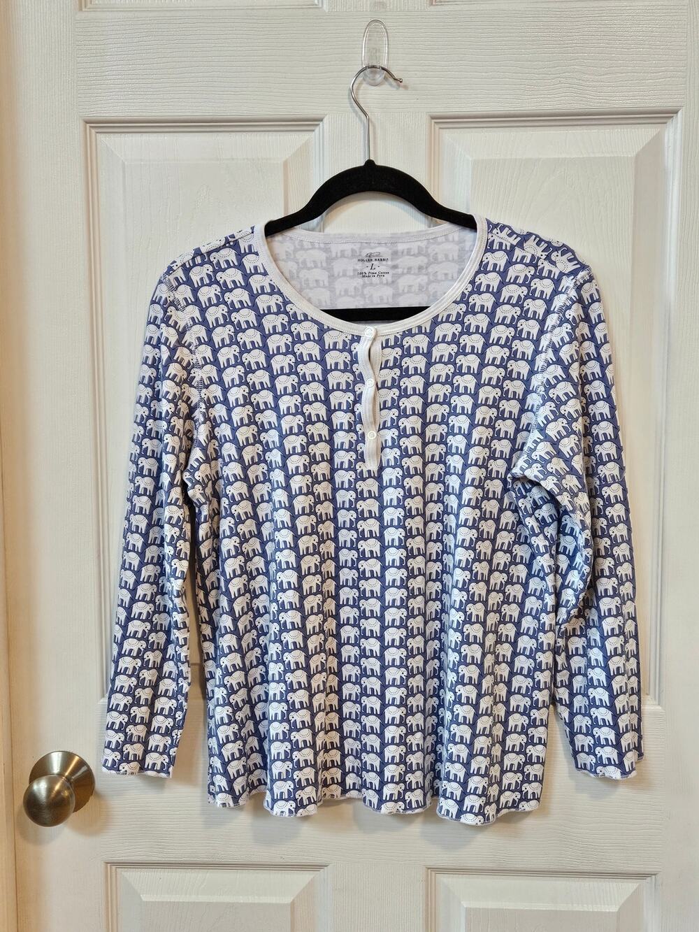 Roller Rabbit Elephant Print Pima Cotton Henley Lounge Top Women's Large